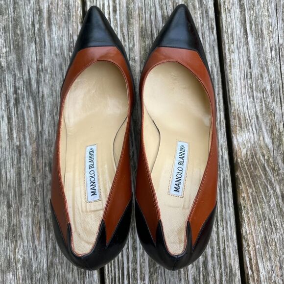 Manolo Blahnik Colorblock Leather Pumps in Black and Cognac Brown 37.5 - Picture 7 of 15